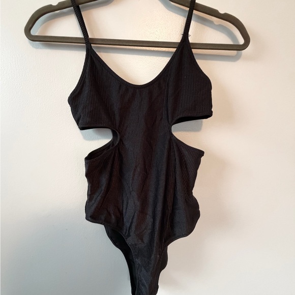 aerie Black Ribbed One-Piece Swimsuit with Side Cutouts - Picture 3 of 5